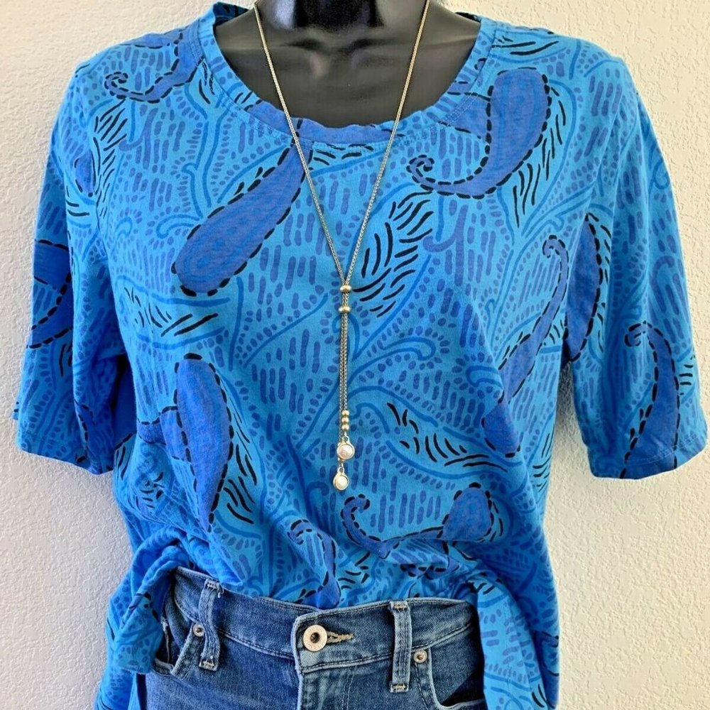 Fresh Produce Top Size Small Blue Paisley Cotton Tee Short Sleeve T-shirt